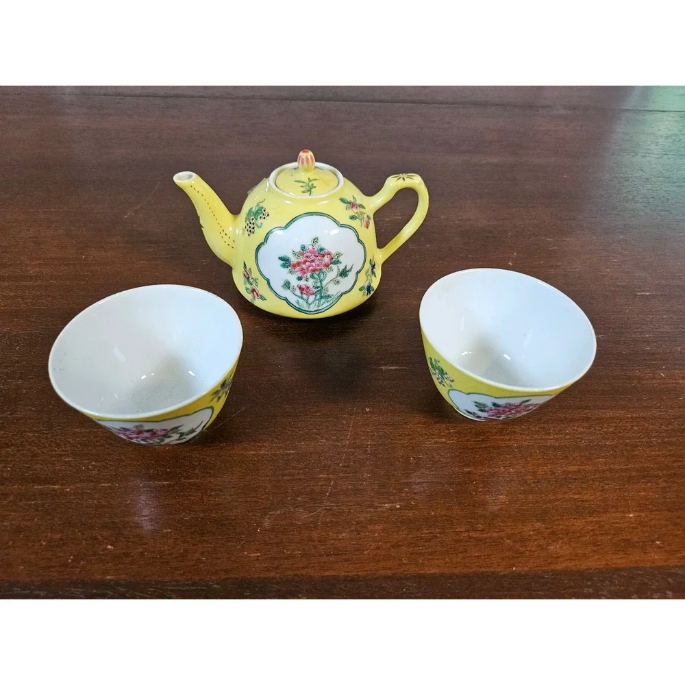 Hand Painted Canton Ware Tea Set Yellow Floral Porcelain 3pc Teapot Cup